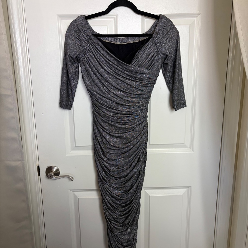Laura Byrnes California Monica Dress Silver Metallic Ruched Wiggle Pinup Medium